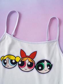 THE POWERPUFF GIRLS X SHEIN 女士可爱舒适卡通印花吊带背心短裤睡衣套装，夏季 - 彩色 - 查看 3