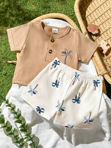 SHEIN Bộ đồ mùa hè cho bé trai sơ sinh tay ngắn cổ tròn, kiểu dáng đơn giản, dễ thương, thoải mái, phù hợp mặc hàng ngày, thích hợp cho các hoạt động ngoài trời, đi dạo công viên và các dịp khác. - màu nâu - Xem 4