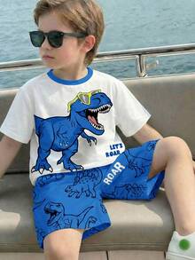 SHEIN Bộ áo thun và quần short in hình khủng long dành cho bé trai. - Nhiều màu - Xem 1