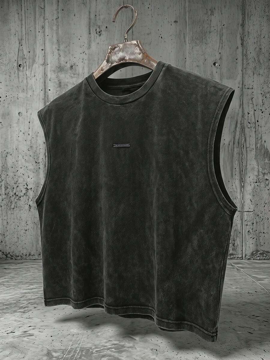AXEPEAK Men's Summer Washed Metal Decor Round Neck Tank Top - Black - View 1