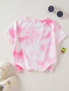 SpongeBob SquarePants | SHEIN Cartoon Print & Tie-Dye Round Neck Short Sleeve T-Shirt For Young Girls - Pink - View 2