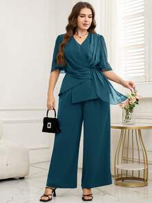 SHEIN Clasi Plus Size Women Solid Color Pleated Design Shirt And Pants Elegant 2 Pieces Set - Teal Blue - View 6
