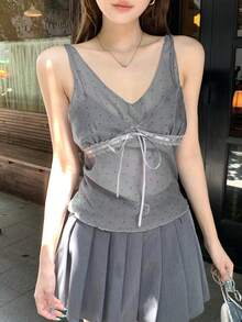 DAZY 波点撞色蕾丝边系带休闲度假夏季女式背心外套 - 灰色 - 查看 6