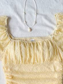 SHEIN Đầm dáng chữ A cổ vuông, eo nhún, ren, thanh lịch cho bé gái tuổi teen, thích hợp cho kỳ nghỉ, màu vàng. - Màu vàng - Xem 5