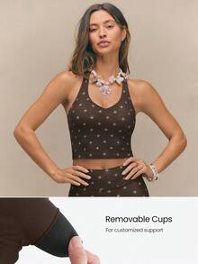 GLOWMODE FeatherFit™ Double Time Adjustable Halter Sports Bra Tank Top Light Support Low Impact Yoga Pilates Daily Spring Summer - Brown - View 3