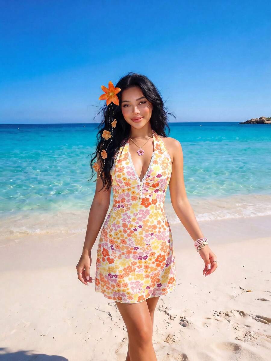 Sweetina Y2K风格女式碎花连衣裙,适合春假外出穿着,夏季春季度假风,性感露背迷你连衣裙,日常百搭。 - 橘色 - 查看 1