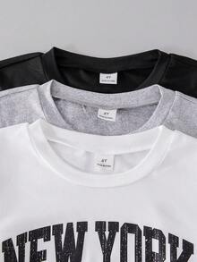 3 sets/6 piezas Conjunto de camiseta de manga corta con estampado de eslogan y pantalones cortos casuales para niños, adecuado para uso diario, vacaciones, deportes, verano - Blanco y Negro - Ver 8