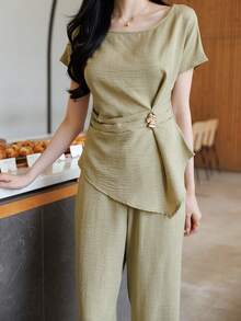 DAZY 2 piezas Conjunto de camisa de manga corta y pantalón de pierna recta de estilo urbano casual para mujer, adecuado para primavera y verano - Verde - Ver 7