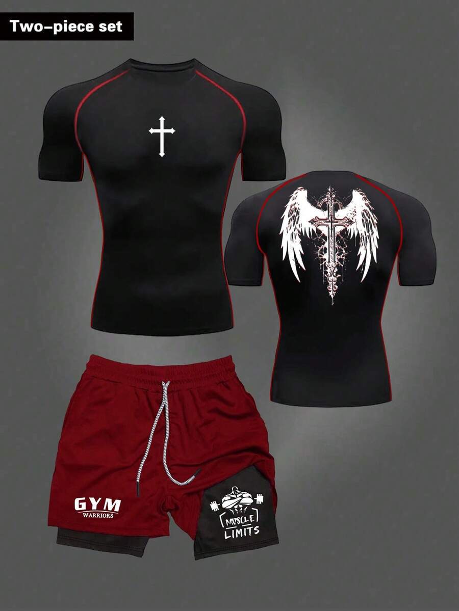 Gym Rark Men's Cross Print Contrast Color Round Neck T-Shirt And Drawstring Waist 2 In 1 Shorts Sports Set, Gym - Black - View 1