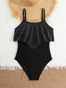 SHEIN Áo tắm liền thân cho bé gái tuổi teen, màu đen chấm bi trắng in kỹ thuật số, dây đeo có thể điều chỉnh, viền bèo nhún hai lớp, thời trang và thanh lịch, thích hợp cho bơi lội, kỳ nghỉ hè, bãi biển, hồ bơi, tiệc tùng ngày lễ. - Đen và trắng - Xem 3