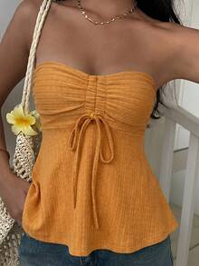 SHEIN EZwear Orange Knit Tube Top With Front Drawstring For Women,Summer Top - Orange - View 1
