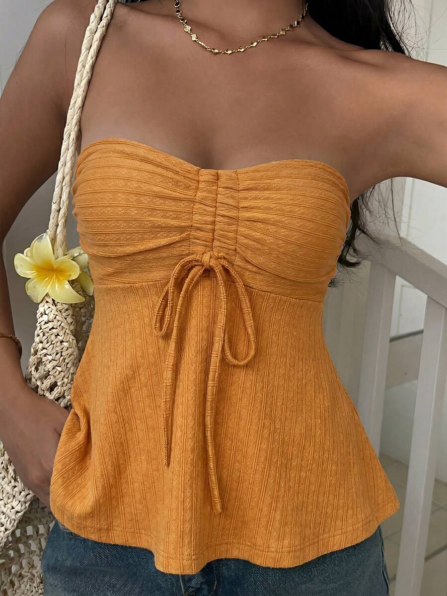 SHEIN EZwear Orange Knit Tube Top With Front Drawstring For Women,Summer Top - Orange - View 1