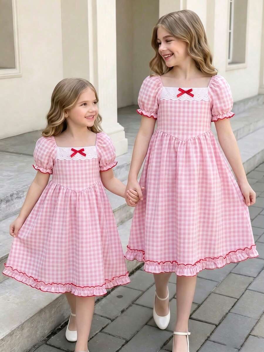 SHEIN Elladie kids 女童夏季新款露肩泡泡袖荷叶边蝴蝶结腰带格子A字可爱甜美公主裙