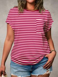 EMERY ROSE Plus Size Pink Horizontal Striped Print Round Neck Dolman Short Sleeve Patch Pocket Curved Hem Casual T-Shirt Women Summer Vacation Tee Gym Holiday - Multicolor - View 1