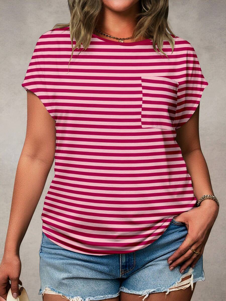 EMERY ROSE Plus Size Pink Horizontal Striped Print Round Neck Dolman Short Sleeve Patch Pocket Curved Hem Casual T-Shirt Women Summer Vacation Tee Gym Holiday - Multicolor - View 1