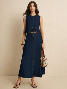 Poéselle Bộ áo vest và chân váy denim không tay cài cúc đơn dành cho nữ, thích hợp mặc hàng ngày đi làm, mùa xuân/hè. - Rửa trung bình - Xem 3