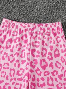 Young Girl Light Pink Knitted Halter Top & Flared Pants Set,Kids Leopard Print Stretchy Fabric Outfit,Summer Musical Festival Fashionable Comfy Set - Pink - View 4