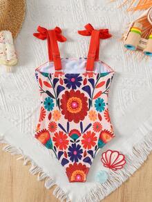SHEIN Áo hai dây bikini một mảnh in hình cây nhiệt đới, nhiều màu sắc, dễ thương, phối nơ trang trí. - Nhiều màu - Xem 2