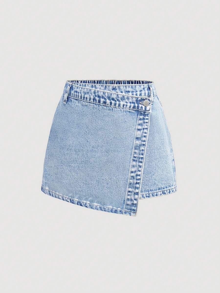 SHEIN Girlism Saia-calça jeans casual com bainha assimétrica para adolescentes - Lavagem leve - Ver 1