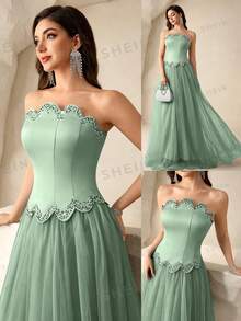 Coutiva Women's Rhinestone Embellished Mesh Patchwork Maxi Formal Gown (Heavily Embellished) - Green - View 1