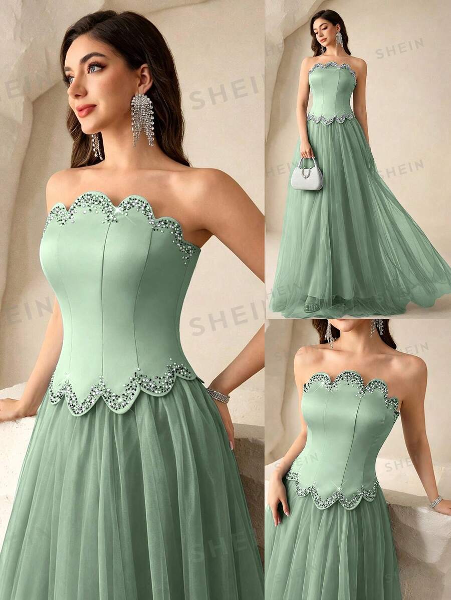 Coutiva Women's Rhinestone Embellished Mesh Patchwork Maxi Formal Gown (Heavily Embellished) - Green - View 1