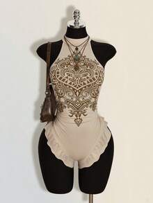 SHEIN ICON Áo liền thân nữ kiểu retro in họa tiết, hở lưng, cổ yếm, thích hợp cho mùa hè. - Màu be - Xem 3