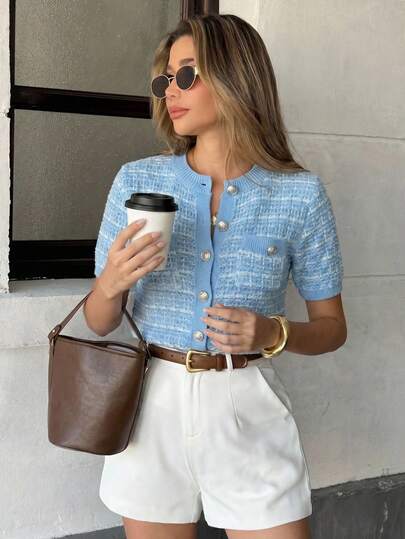 SHEIN Blusa de malha elegante e sofisticada com botões frontais em tweed.