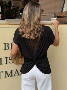 Freevana Plus Size Women Lace Patchwork Casual Sexy Versatile Daily Wear T-Shirt Date Night Black Summer - Black - View 10
