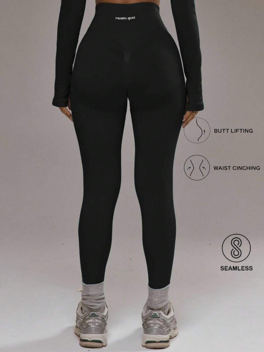 Musera Sport 高腰无缝紧身裤(仅下装)板式冬季运动健身服 - 黑色 - 查看 1