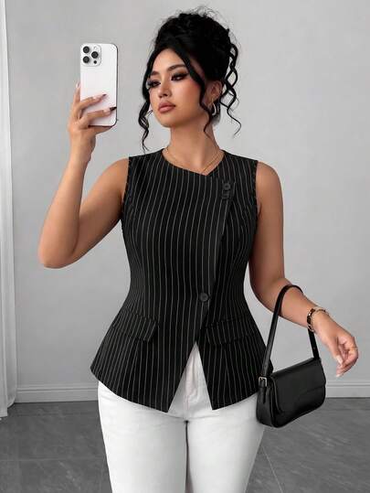 Elenzga Áo blazer nữ cỡ lớn, chất liệu dệt, dáng suông, nhẹ, thanh lịch, tối giản, thích hợp cho công sở, không tay, có túi giả, màu đen trắng kẻ sọc.