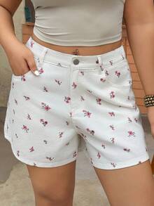 Dazy Plus Quần short nữ cỡ lớn họa tiết hoa nhí, gấu quần tua rua, kiểu dáng thường ngày, thích hợp đi biển mùa hè. - trắng - Xem 5
