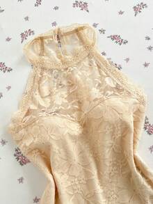 SHEIN Unity Elegant Solid Color Lace Halter Top, Summer Party Beige - Black - View 3