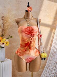 Bellisia Women's Floral Print Ruched Bandeau Tankini Top And Triangle Bottoms 2-Piece Swimwear Set, Suitable For Summer Vacation And Beach - Multicolor - View 4