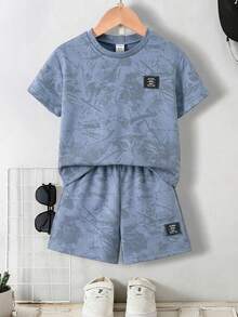 SHEIN Genkimix Kids 2pcs/Set Boys' Summer Casual All-Over Print T-Shirt And Shorts Set - Dusty Blue - View 1