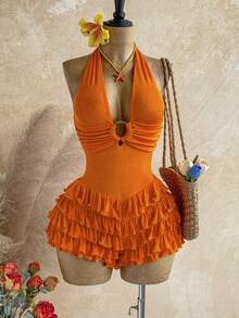Soleia Bộ jumpsuit hở lưng dệt kim màu mơ với họa tiết vòng tròn trang trí, thanh lịch dành cho nữ, phù hợp cho Halloween, Giáng sinh, kỳ nghỉ, gợi cảm. - trái cam - Xem 3