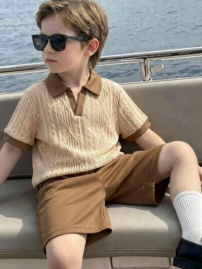 SHEIN 2pcs Tween Boy Casual Vacation Style Textured Fabric Polo Shirt With Collar & Zipper, And Textured Fabric Shorts Set, Suitable For Outings, Street Photography, Parties, Spring & Summer