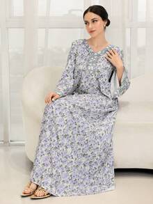 Yasmyna 女士度假风印花V领喇叭袖宽松阿拉伯传统长裙 - 彩色 - 查看 4
