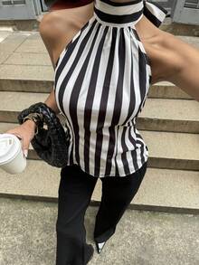 SHEIN PariChic 春夏新款高端条纹无袖系带修身显瘦优雅性感女式衬衫，女士春夏上衣，短袖上衣，春季穿搭，夏季穿搭，度假，外出，Y2K风格，春季，夏季，返校季，休闲，海滩，商务，百搭，女士黑白条纹背心，性感，海滩度假 - 黑與白 - 查看 5