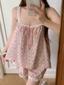DAZY 女款花卉印花蝴蝶結裝飾上衣與短褲休閒家居服套裝 夏季睡衣 - 淺粉色 - 查看 8