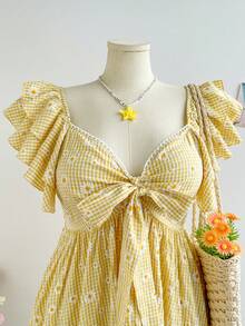 Soleia Plus Size Colorful Printed Fabric Cap Sleeve Keyhole Neck Bow Tie Front A-Line Dress, Suitable For Spring & Summer Vacation - Light Yellow - View 6