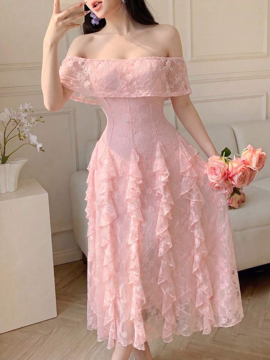 Modelyn Elegant Pink Floral Lace Off-Shoulder Ruffle Trim Waist Long Dress, Spring/Summer Party - Pink - View 1