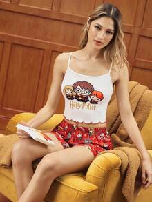 HARRY POTTER X SHEIN Women's Comfortable Cartoon Portrait Pattern Camisole And Shorts Pajama Set, Summer - Red and White - View 8
