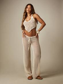 MISSGUIDED Crochet Wide Leg Palazzo Pants High Rise Drawstring Beach Cover Up Boho Summer Vacation Loose Fit Mesh Knit Trousers - Apricot - View 2