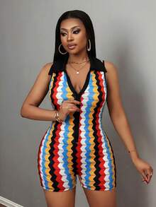 Slaydiva Mono de mujer talla grande casual sin mangas con cuello, media abertura, escote en V, ajustado y estampado ondulado de colores - Multicolor - Ver 5