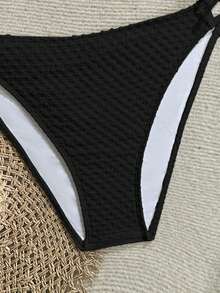 Kids Teen Girls Black Spaghetti Strap Textured Shell Decor Bikini Set,Summer Beach Holiday Backless Triangle Swimwear,Boho - Black - View 7