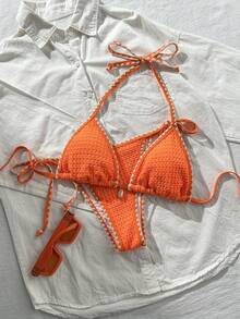 Swim Mod Women's Solid Color Jacquard Fabric Ruffle Trim Tie Strap 2-Piece Bikini Set, Summer - Orange - View 1