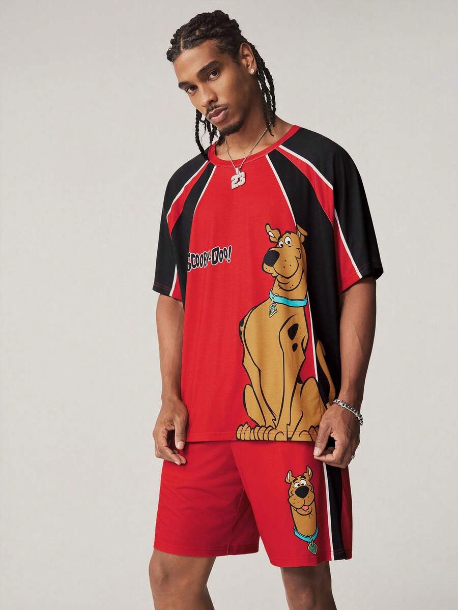 SCOOBY-DOO X SHEIN Men's Round Neck Letter & Cartoon Print Short Sleeve T-Shirt And Shorts Casual Daily Outfit - Red - View 1