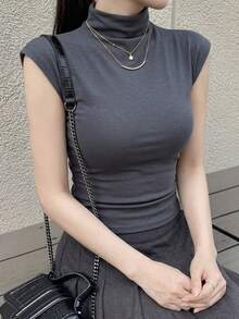 DAZY Solid High Neck Cap Sleeve Tee - Grey - View 8
