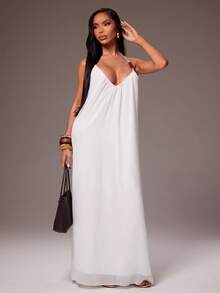 Radiana Women's Elegant Unique White Chiffon Spaghetti Strap Dress, Bohemian Holiday Long Backless Flowing Mesh Goddess Beach Summer Beachwear, Outfit, - White - View 6