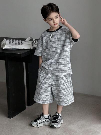 Dazy Kids Tween Boy Summer Casual Fashionable Street Plaid Print Loose Fit T-Shirt And Shorts Set